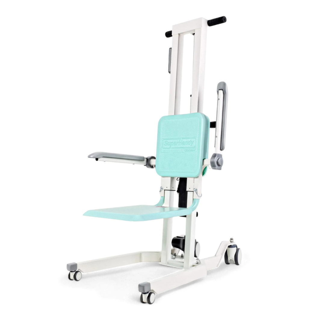The SuperHandy GoRise TX Portable Patient Transfer Lift, with a 500 lb capacity, has a sturdy white frame and turquoise seat. It features wheels for easy movement, a cushioned backrest, handles, and footrests to enhance patient support and safety.